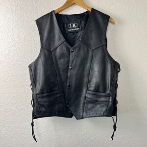 Leather King Mens 48 Black Leather Vest Snap Front Motorcycle